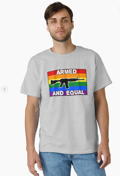 Armed and Equal t-shirt — rainbow flag with AR silhouette